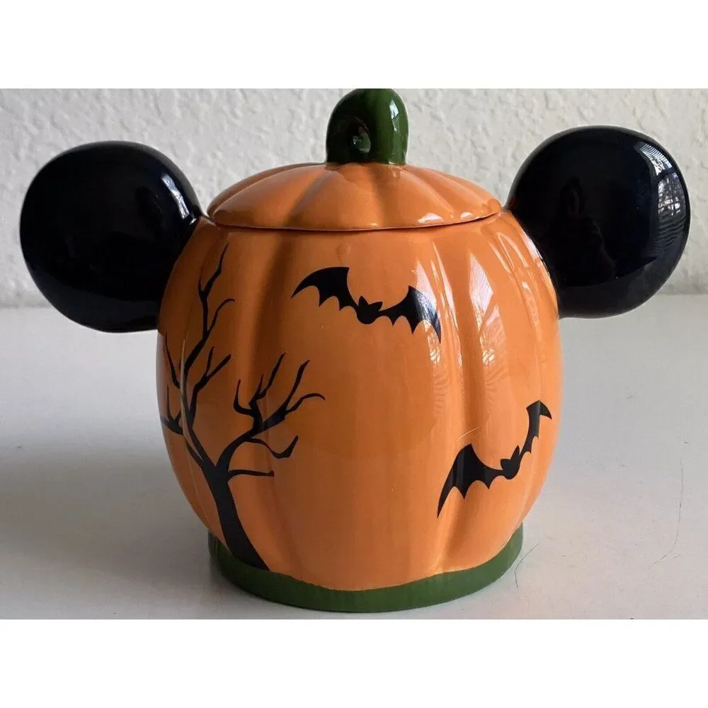 Disney Mickey Mouse Halloween Pumpkin Haunted‎ House Ceramic Cookie Jar NEW